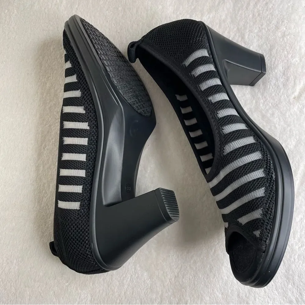 Bernie Mev Peep Toe Heels Stripe Open Toe Shoes Black Gray Size 38